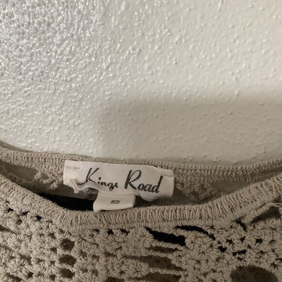 Kings Road Tan Crochet Boho Beachy Summer Festival Fairy Hippie Crop Top S - Picture 7 of 10